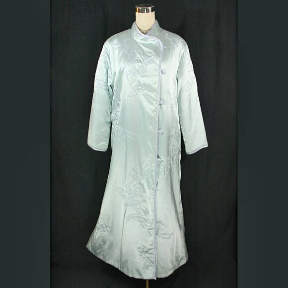Vintage Natori Satin Floral Embroidered Full Length Winter Robe Lounge Blue M - Picture 2 of 14